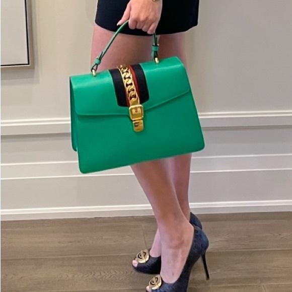 Green, Navy, Maroon Gucci Purse with Gold Buckle - Picture 3 of 5